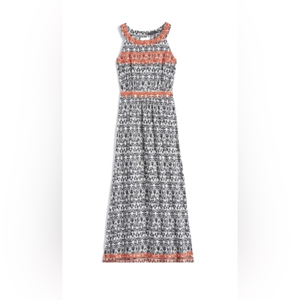 THML Jameson Embroidered Orange and Black Halter Maxi Dress